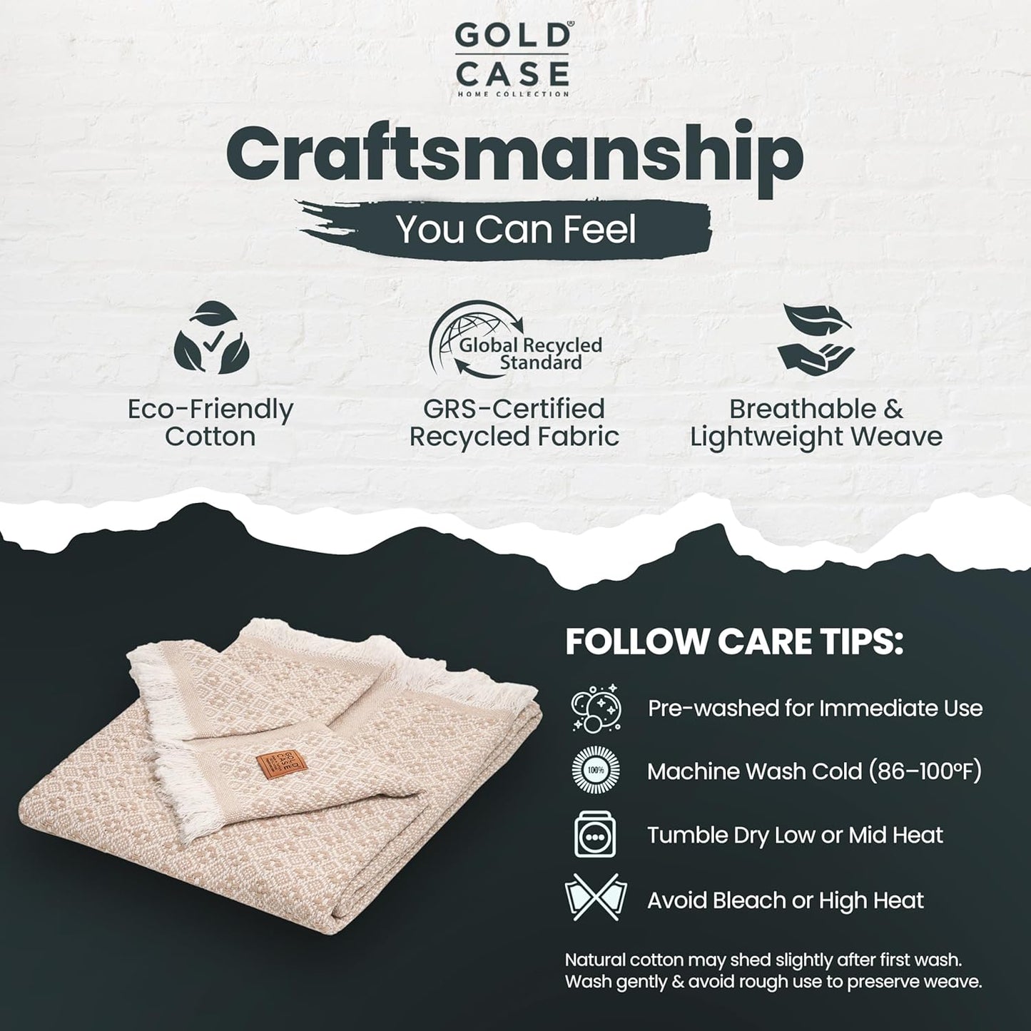 Gold Case Throw Blanket for Couch – 100% Recycled Turkish Cotton Blankets & Throws – Elegant Decorative Throw Blankets for Living Room Sofa – Woven Throws for Couch – Retro Beige – 50x60