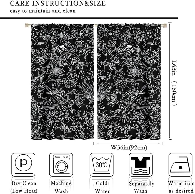 Bohemia William Morris Art Blackout Window Curtains, Vintage Flowers and Birds Dark Magic Forest Background, for Living Room Bedroom 36(W)*63(L) 2 Panels