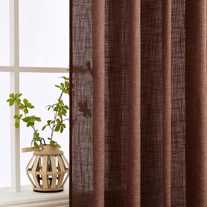 MIULEE Chocolate Brown Linen Curtains 96 Inch Long for Bedroom Living Room, Soft Thick Linen Textured Window Drapes Semi Sheer Light Filtering Back Tab Rod Pocket Burlap Look Decor, 2 Panels