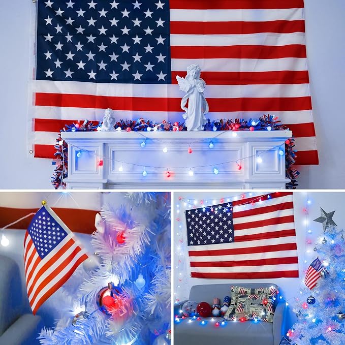 suddus 100LED Globe String Lights Battery Operated Red White and Blue Light | 33 FT Globe Lights with Timer 8 Mode, Fairy Lights for Flag, Backyard, Patio,Bedroom, Living Room Decoration