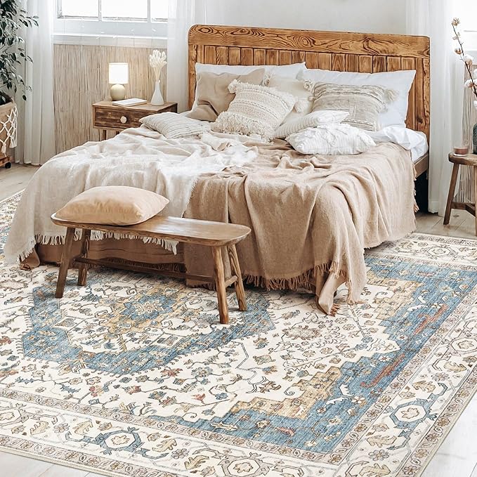 12x18 Area Rugs for Living Room - Large Carpet Ultra Thin Soft Washable Oriental Vintage Floral Distressed Big Indoor Carpets for Bedroom Nursery Dorm Home Decor Aesthetic - Blue/Beige