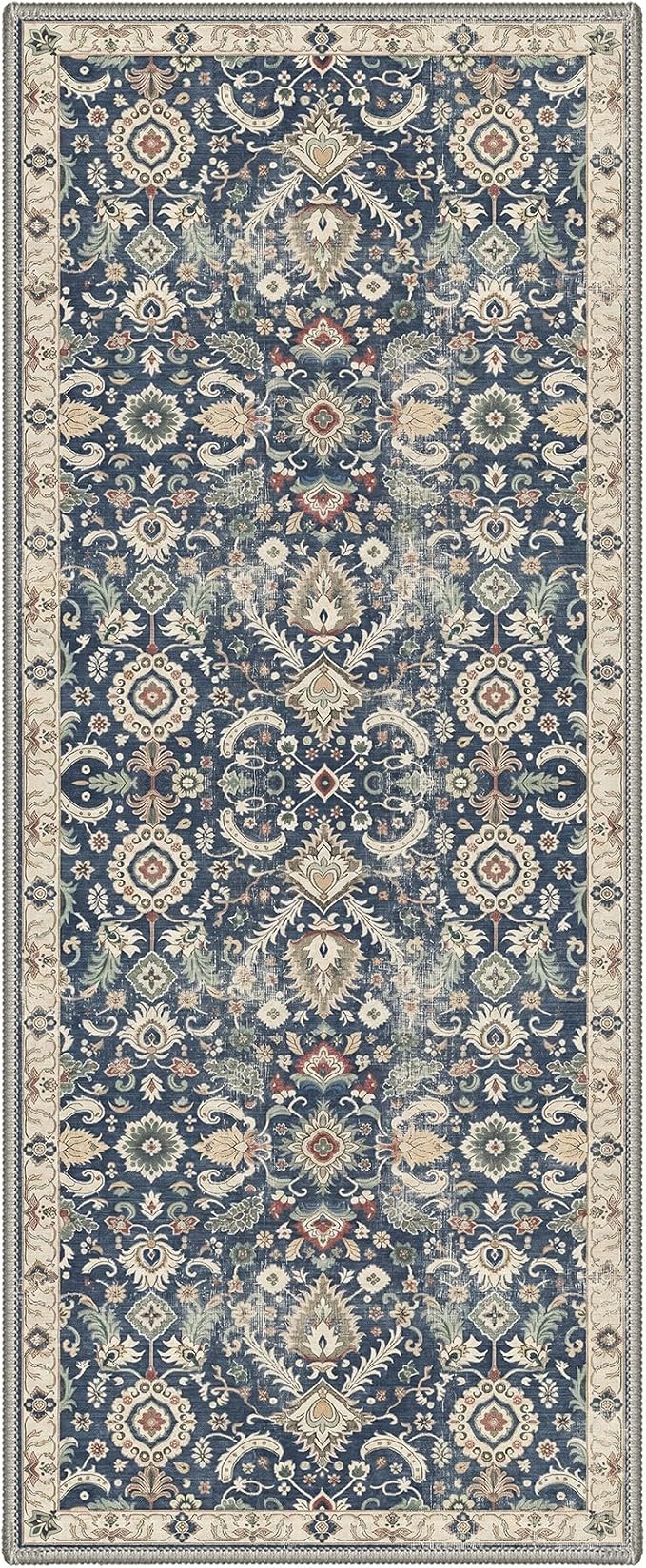 Bavni 2x5 Rug Runners for Hallways, Washable Runner Rug Non Slip, Vintage Floral Floral Rugs for Bedroom, Lightweight Low Pile Carpet for Hallways Bathroom, Muted Navy