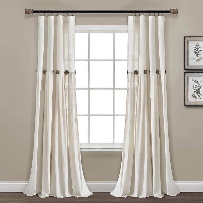 Lush Decor Linen Button Window Curtain Panel, Single, 40" W x 95" L, Off White- Country Curtains - Rustic Decor - Color Block - Modern Farmhouse Curtains