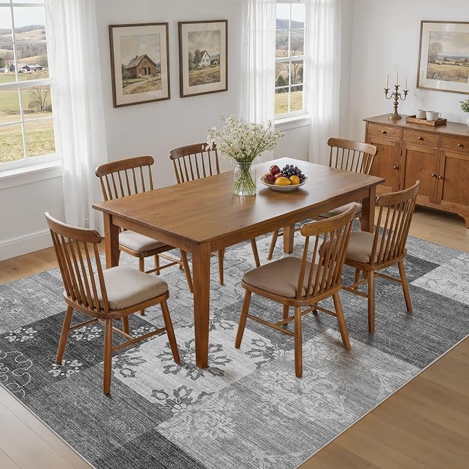UERMEI 9x12 Area Rug for Living Room - Washable Vintage Carpet, Non-Slip Soft Large Indoor Floor Rugs for Bedroom Home Office & Under Dining Table Decor, Gray Block