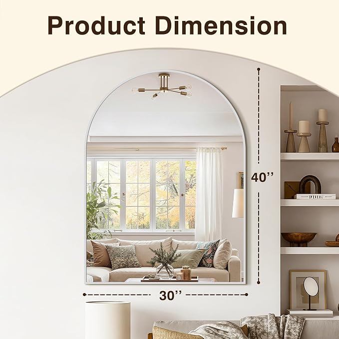 Bathroom Vanity Mirror for Wall, 40”x30” Arched Bathroom Mirror for Over Sink, Arched Metal Frame for Bedroom, Living Room, Entryway, Hanging or Leaning, Silver