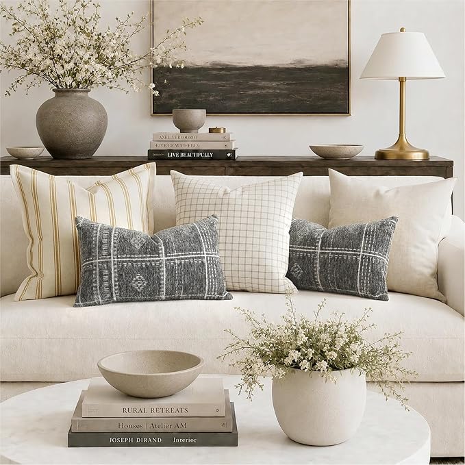 BlissBlush Decorative Lumbar Pillow Covers 12x20 Set of 2, Boho Dark Gray Chenille Accent Rectangular Throw Pillow Covers for Couch Sofa Living Room Home Décor (Cover Only)