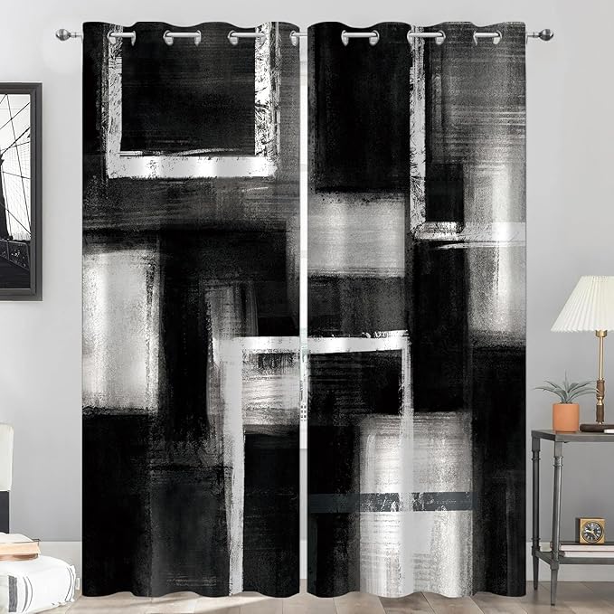 Boho Black and Grey Abstract Blackout Curtains, Retro Rustic Gray Neutral Contemporary Modern Geometric Darkening Thermal Insulated Grommet Light Blocking Drape Decor, 52 x 84 Inch Long 2 Panels