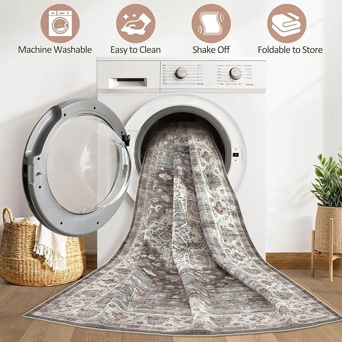 6x8 Area Rug Living Room: Washable Boho Large Neutral Vintage Soft Rug Stain Resistant Farmhouse Non-Slip Indoor Floor Carpet for Bedroom Nursery Kids Office Dining Room Playroom- Grey Brown