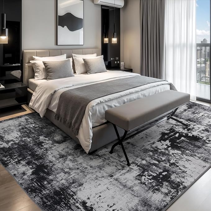 Rugflix 6x9 Area Rugs for Living Room, Washable Large Rug Stain-Resistant Low Pile, Modern Dark Carpet for Dining Room Home Office Kid Room Nursery Bedroom, Black Grey