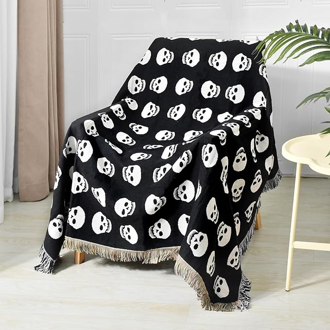 Boho Throw Blanket Reversible Cotton Bohemian Tapestry Hippie Room Decor Double Sided (Boho Skull Print Black 50"x60")