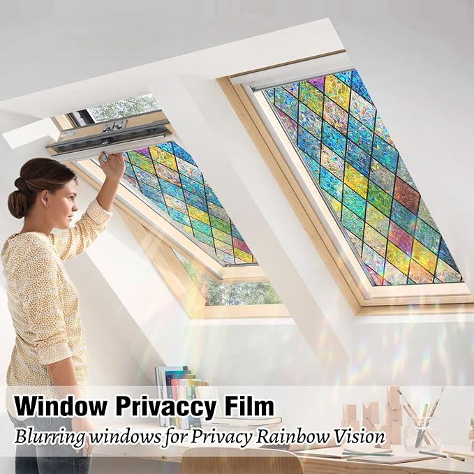 QHY Sunshine Colorful Rainbow Stained Glass Window Film Non-Adhesive Window Privacy Film Reusable Decorative for Room (Chequered Rainbow, 23.6 X 78.7 in)