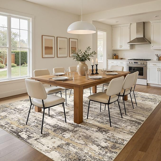Area Rugs for Living Room: 8x11 Abstract Washable Rug Modern Neutral Large Soft Stain Resistant Non-Slip Backing Machine Table for Bedroom Dining Room Indoor Home Office Carpet - Gold Brown