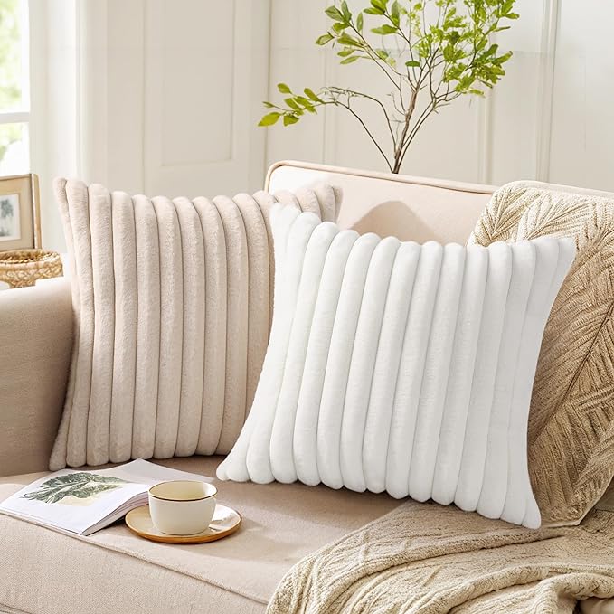 Pallene Faux Fur Plush Throw Pillow Covers 22x22 Set of 2, Luxury Soft Fluffy Striped Decorative Pillow Covers for Sofa, Couch, Living Room, White
