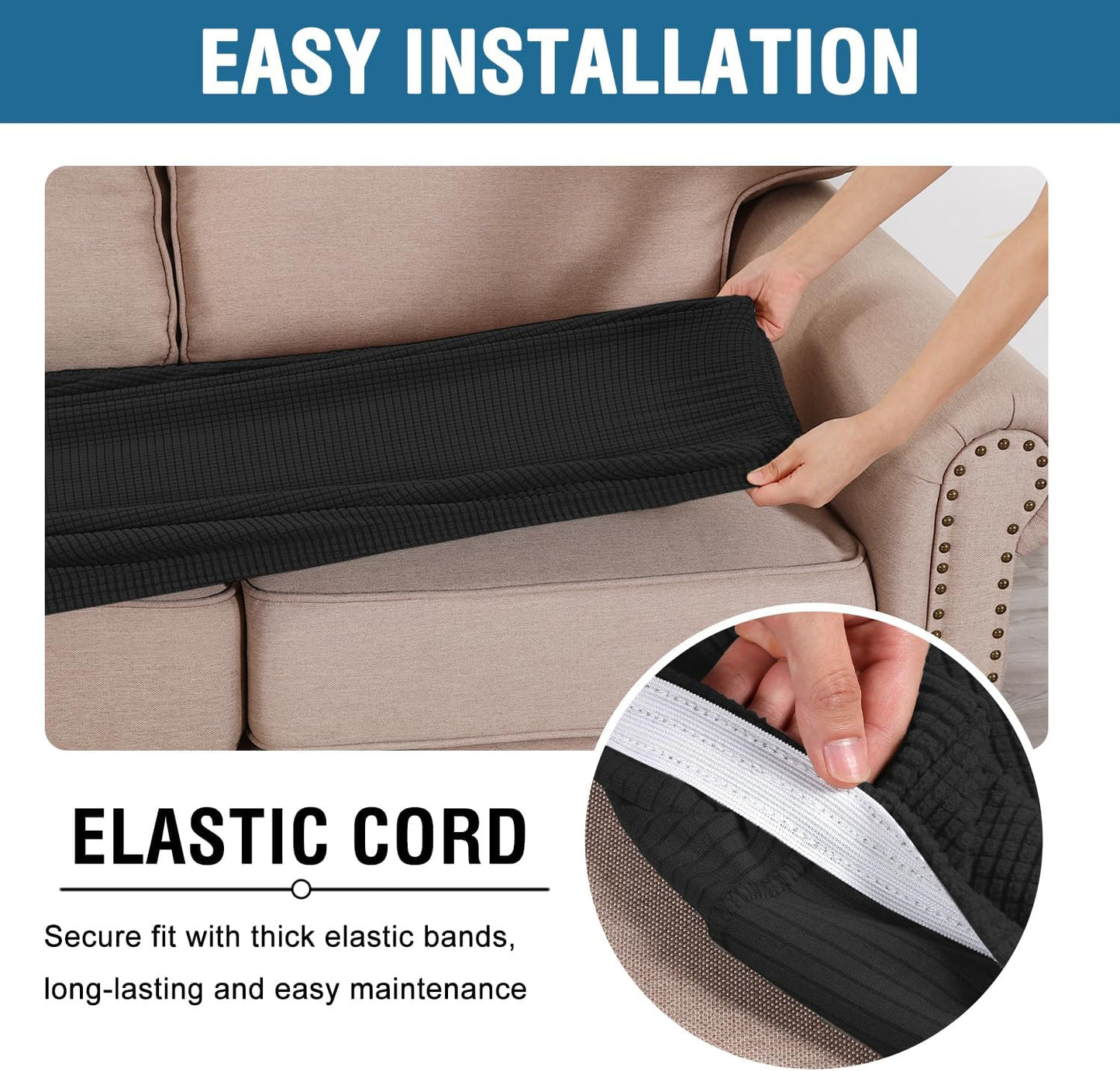 H.VERSAILTEX Super Stretch Individual Seat Cushion Covers Sofa Covers Couch Cushion Covers Slipcover Sets Thick Jacquard Textured Twill Fabric (1 Piece Chair Cushion Cover, Black)