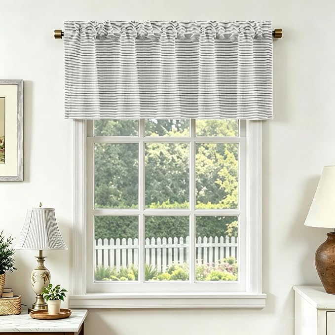 DriftAway Blackout Linen Ticking Striped Curtain Valance 18 Inches Black | Double Layer Farmhouse Country Rustic Stripe Yarn Dyed Woven Thermal Insulated Rod Pocket Valance for Living Room