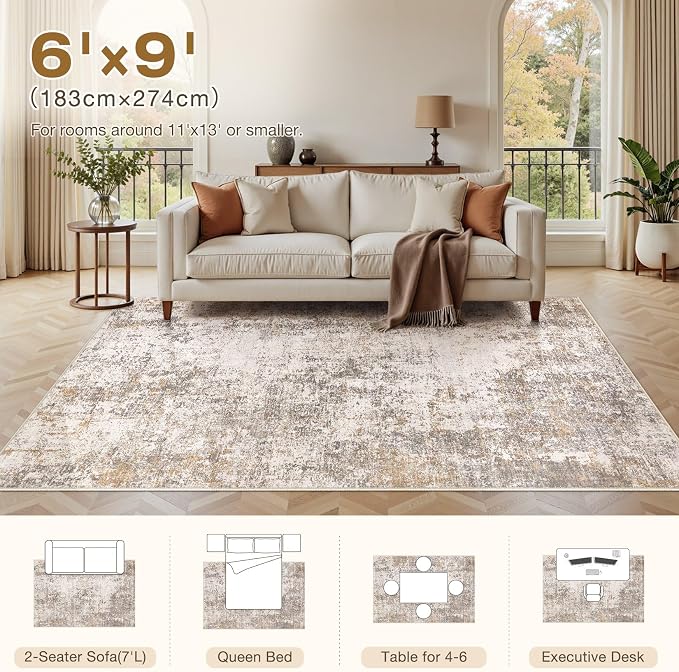 Area Rugs 6x9 Living Room: Washable Large Abstract Modern Neutral Soft Rug Stain Resistant Non-Slip Backing Carpet for Bedroom Dining Room Indoor Nursery Dorm Home Office Decor - Brown Grey