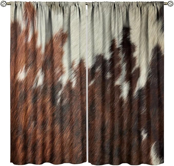 Cowhide Blackout Curtain, Rustic Western Cow Fur Skin Print Brown White Animal Print Curtains Rod Pocket Window Treatments 2 Panels Drapes for Bedroom Office Living Room Kitchen Decor 84"W X 84"L
