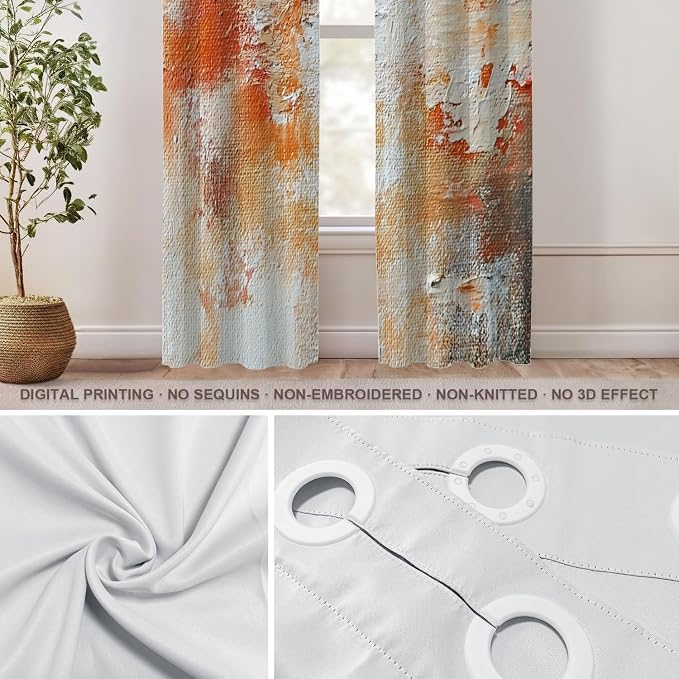 Shrahala Brushstrokes of Paint Blackout Window Curtains, Orange Grey Canvas Texture Thermal Insulated Curtains Grommet Top Window Drapes for Living Room, Bedroom (2 Panels, 52 x 84 in)