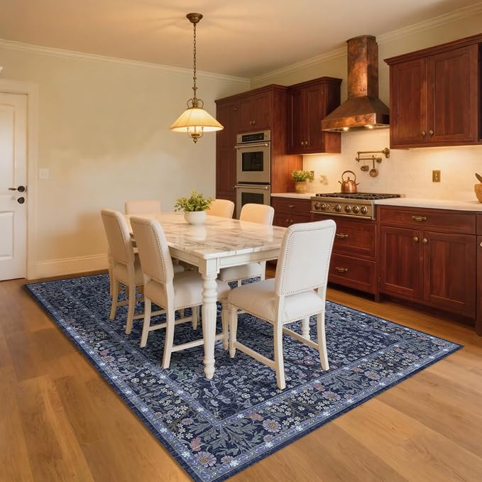 6x9 Washable Area Rugs for Living Room, Stain Resistant Vintage Rugs for Dining Room Under Kitchen Table, Bedroom, Floral Low Pile Non-Slip Large Carpet (6 x 9 Blue)