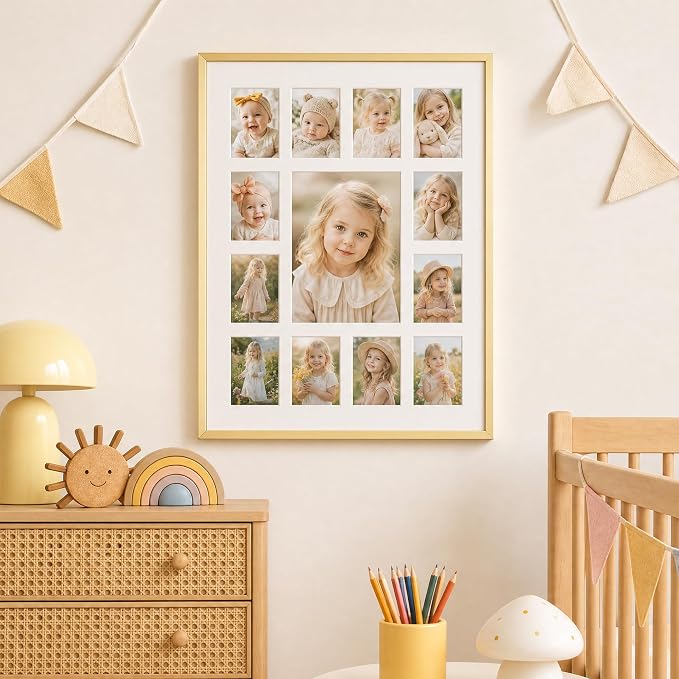 12x16 School Picture Frame K-12, Collage Frame for School Years, Gold | Elegant Gold K-12 Frame with 13 Openings: One 5x7 & Twelve 2.5x3.5 for Pre-K to 12th Grade | Wall Kit Included