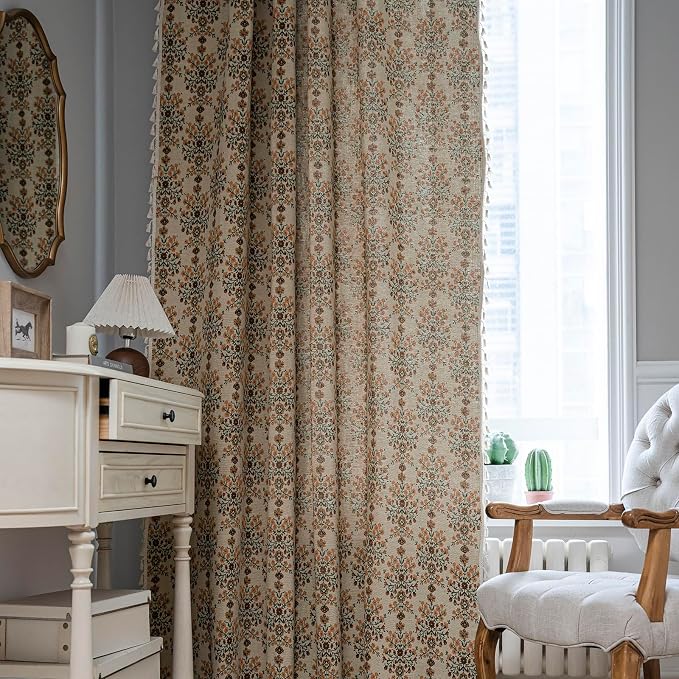 ENJOYBRIDAL Floral Curtains 84 Inch Length 2 Panels Vintage Flower Patterned Drapes Boho Semi Sheer Tassel Rustic Country Rod Pocket Botanical Farmhouse Window Curtain Panels for Bedroom Living Room