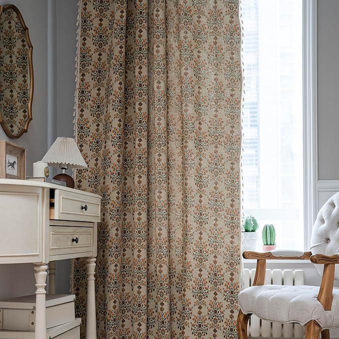 ENJOYBRIDAL Floral Curtains 96 Inch Length 2 Panels Vintage Flower Patterned Drapes Boho Semi Sheer Tassel Rustic Country Rod Pocket Botanical Farmhouse Window Curtain Panels for Bedroom Living Room