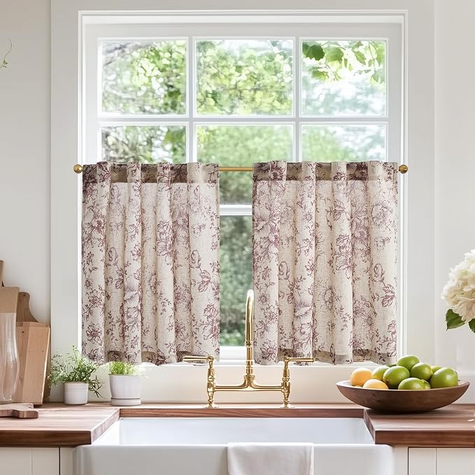 jinchan Linen Floral Tier Curtains 24 Inch Farmhouse Botanic Cafe Curtains Light Filtering Drapes for Small Windows Back Tab Half Window for Kitchen Living Room Bathroom 2 Panels Red