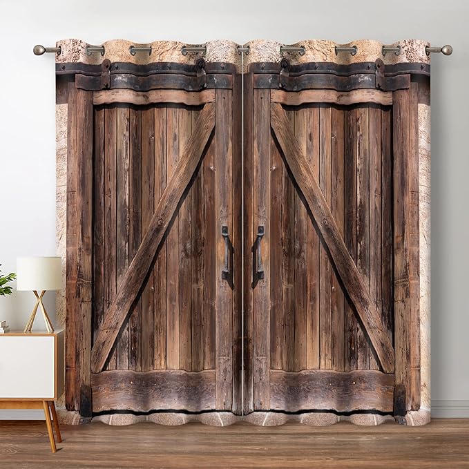 Jekeno Rustic Wood Blackout Curtains Vintage Wooden Barn Door Farmhouse Home Bedroom Living Room Decor Brown Grommet Window Drapes 2 Panel Set, 42"x84"