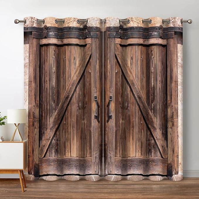 Jekeno Rustic Wood Blackout Curtains Vintage Wooden Barn Door Farmhouse Home Bedroom Living Room Decor Brown Grommet Window Drapes 2 Panel Set, 52"x84"
