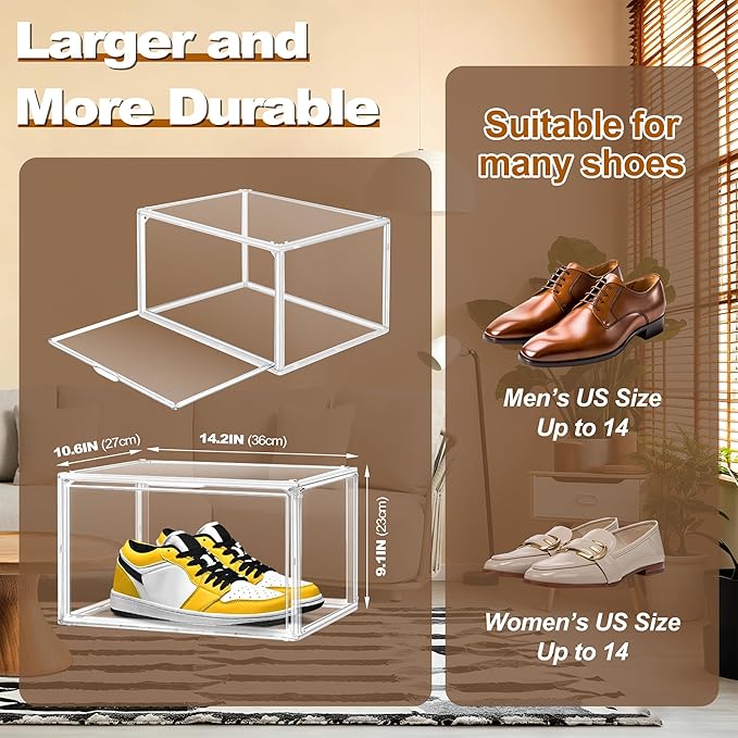 Clear Acrylic Shoe Storage Boxes 12 Pack, Size 14 Stackable Shoe Organizer with Magnetic Door, Space-Saving Sneaker Containers for Closet, Entryway, Transparent Display Case for Boots & Shoes