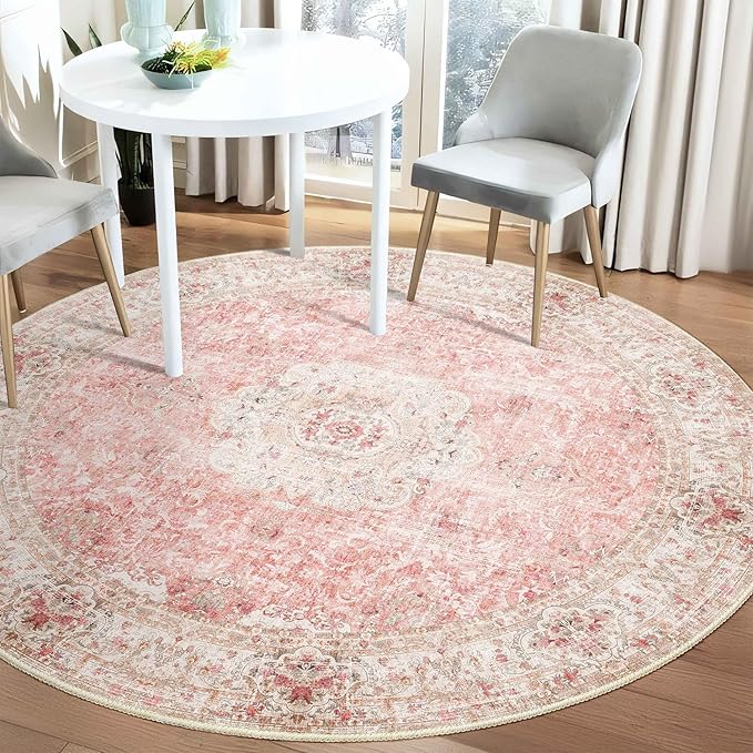 Pink Round Rug 5ft, Circle Boho Area Rugs for Bedroom Living Room,Washable Vintage Bohemian Distressed Oriental Floral Carpet Non Slip,Blush 5'x5'