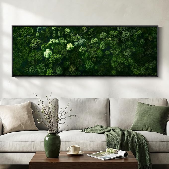 Large Framed Green Forest Wall Art for Living Room, Long Narrow Modern Landscape Canvas Prints Paintings for Walls, Horizontal Nature Panoramic Pictures Wall Decor for Bedroom Dinning Room, 20x60 In