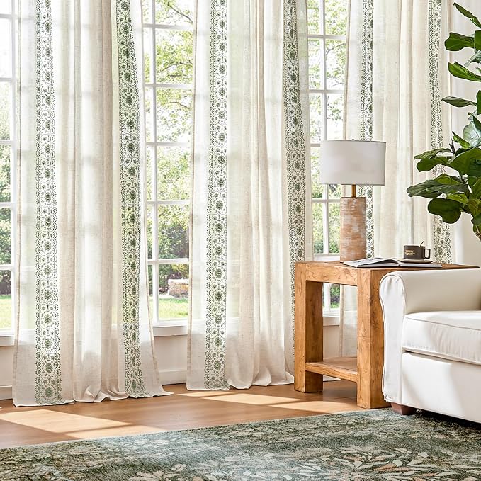jinchan Weslie Boho Curtains for Bedroom 4 Panel Set Sage Green Vintage Floral Farmhouse Curtains 84 Inches Long Linen Drapes for Living Room Embroidered Light Filtering Drapes Sage on Beige