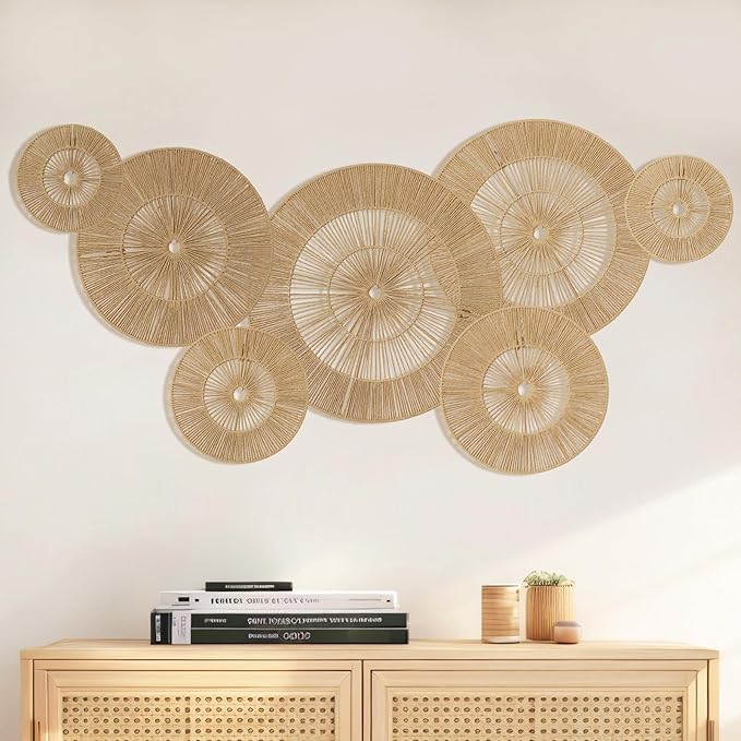 Mokof 7 Pack Boho Wall Baskets Decor Set (17", 15", 13", 11", 9", 7", 7") - Natural Paper Rope Round Wall Art for Living Room, Bedroom, Dining Room, Bohemian Home Decor