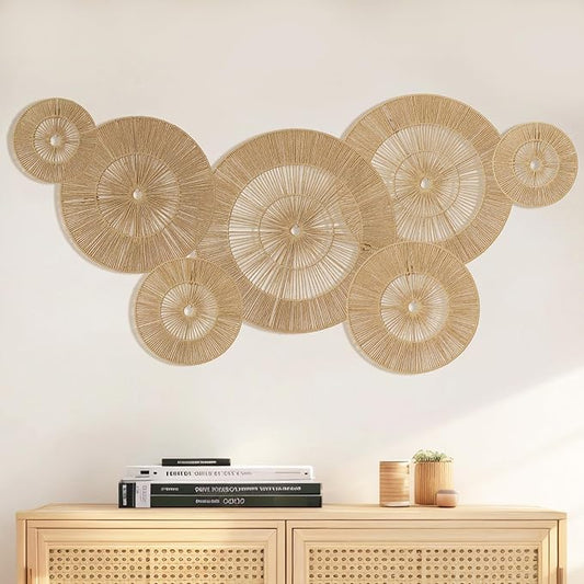 Mokof 7 Pack Boho Wall Baskets Decor Set (17", 15", 13", 11", 9", 7", 7") - Natural Paper Rope Round Wall Art for Living Room, Bedroom, Dining Room, Bohemian Home Decor