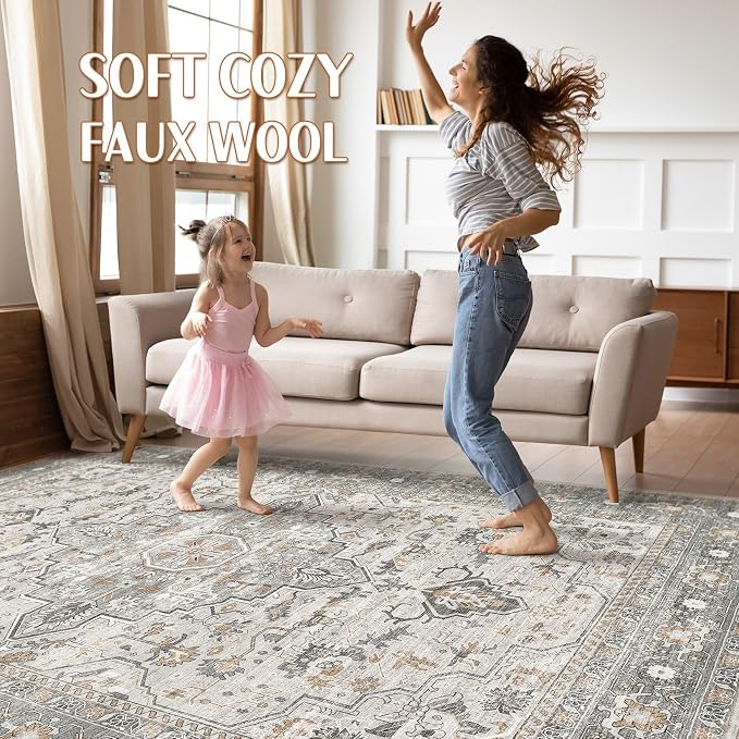 6x9 Area Rugs Living Room: Washable Boho Large Neutral Vintage Soft Rugs Stain Resistant Distressed Farmhouse Non-Slip Indoor Floor Carpet for Bedroom Nursery Kids Office Dining Room- Taupe