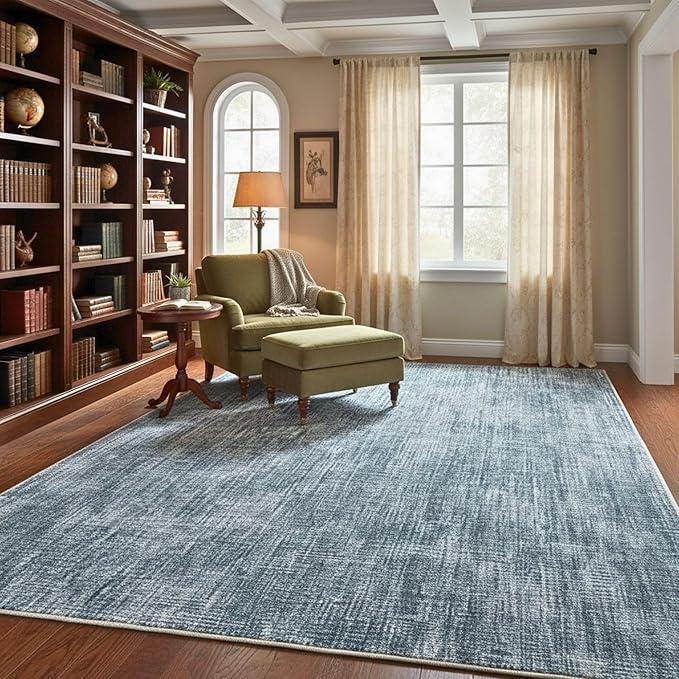 Ottomanson Living Room Area Rug 7'10" x 8' – Non-Slip Soft Rug, Easy to Clean Low Pile Carpet for Bedroom, Dining Room or Office, Solid Greyish Blue