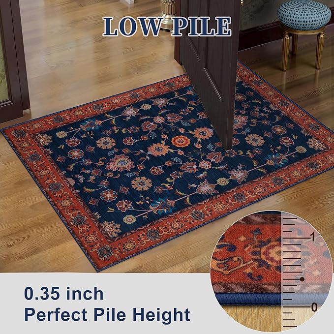 Tangsoo Vintage Round Rug 5ft Washable Circle Rug, Non Slip Boho Round Area Rug, Low Pile Red Blue Floral Circular Rugs,Machine Washable Round Carpet for Bedroom,Livingroom,Nursery,Dorm,Office,Dinning