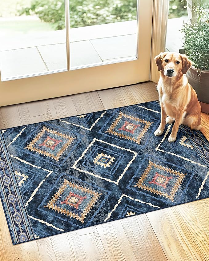BESTSWEETIE Area Rug 3x5 Rug Machine Washable Non-Slip Low Pile Print Pattern Western Rug for Living Room Bedroom Entryway Tribal Series -Darkblue