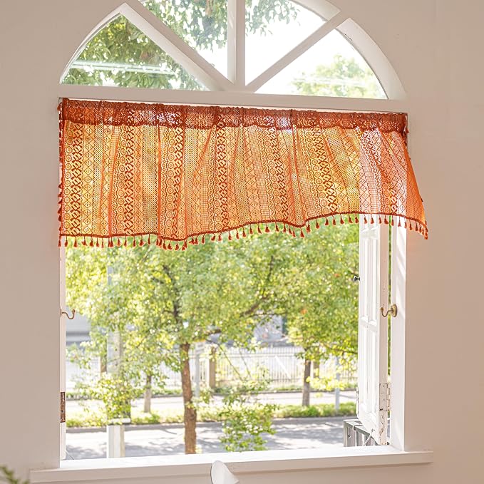 Sutuo Home Boho Valance Short Curtains for Kitchen Crochet Lace Sheer Bohemian Hollow Knitted with Tassels, Privacy Vintage Rustic Farmhouse Drapes, Rod Pocket 1 Panel 59" W x 18" L, Orange