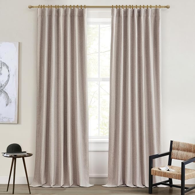Dining Room Long Curtains 112 Inches Set of 2,Custom 100 Inch Wide (2 x 50")Linen Living Room Drapes Tall 100% Blackout Curtain for Sliding Glass Door Tan Beige Back Tab/Rings/Hooks (50"Wx112"L,Linen)