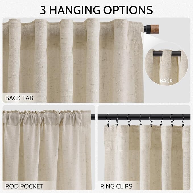 Boho Linen 144 Inch Curtains for Living Room Light Filtering Semi Sheer Curtain Back Tab Boho Eclectic Home Decor Elegant Farmhouse Drapes Floor to Ceiling High Window for Bedroom 52x144, 2 Panels