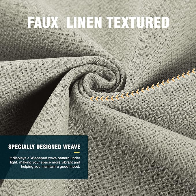 4 Panels 100% Blackout Linen-Textured Curtains, Thick Thermal Insulated Grommet Drapes with Subtle Herringbone Weave, Luxury Decor for Bedroom/Living Room, 37 x 84 Inches, Grey