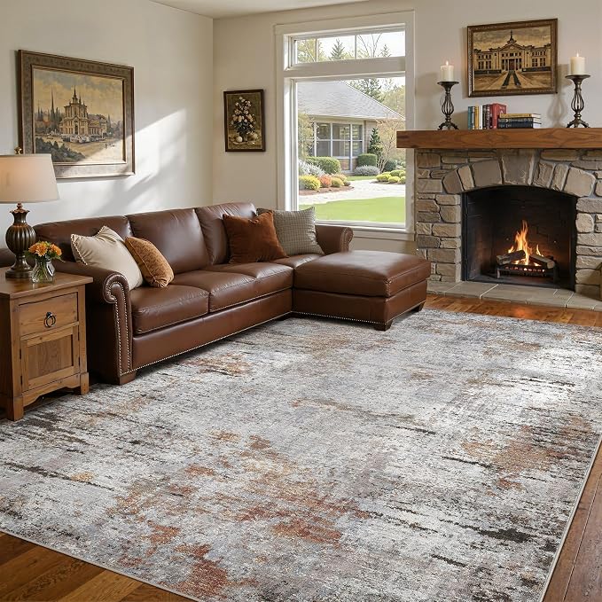 DMOYEST Area Rug Living Room Rugs - 10x14 Large Soft Indoor Neutral Modern Abstract Low Pile Washable Rug Carpet for Bedroom Dining Room Farmhouse Home Office - Grey Rust