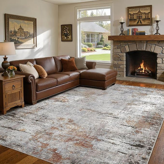 DMOYEST Area Rug Living Room Rugs - 10x14 Large Soft Indoor Neutral Modern Abstract Low Pile Washable Rug Carpet for Bedroom Dining Room Farmhouse Home Office - Grey Rust