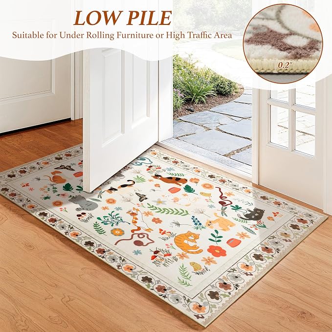 LIANLAM 8x10 Cat Lover's Area Rug, Washable Large Rug with Artistic Feline Design for Living Room & Bedroom, Pet Friendly Non-Slip Soft Carpet, Stain Resistant & Easy Clean(8x10,Beige)