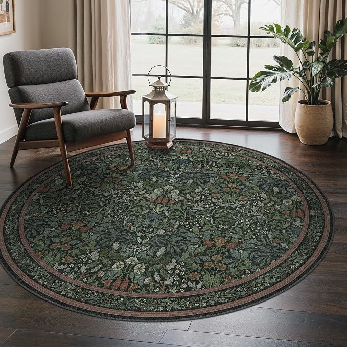 GENIMO 6 Ft Washable Round Rug for Living Room, Non Slip, Dark Green | Vintage Boho Floral Low Pile Thin Circle Mat for Bedroom, Kitchen, Nursery, Dining Area