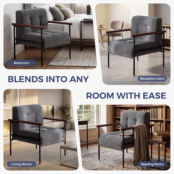 MAXYOYO Living Room Accent Chair, Modern Chair with Metal Frame | Upholstered Reading Chair Modern Living Room Chair with Support Cushion for Bedroom Balcony Porch, Dark Grey