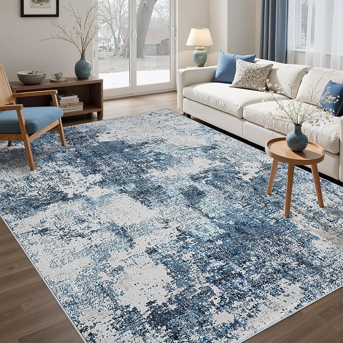 Area Rug Living Room Rugs: 5x7 Washable Rug with Anti-Slip Backing Non-Shedding Stain-Resistant Foldable Modern Abstract Carpet for Bedroom Dining Room Nursery Home Office (Blue)
