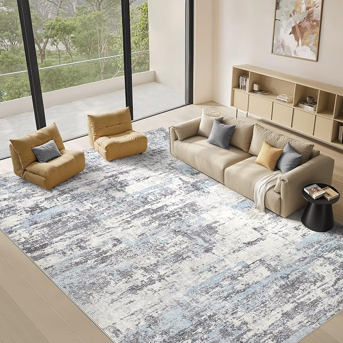 Area Rugs for Living Room: 4x6 Abstract Washable Rug Modern Neutral Large Soft Stain Resistant Non-Slip Backing Machine Table for Bedroom Dining Room Indoor Home Office Carpet - Blue Grey